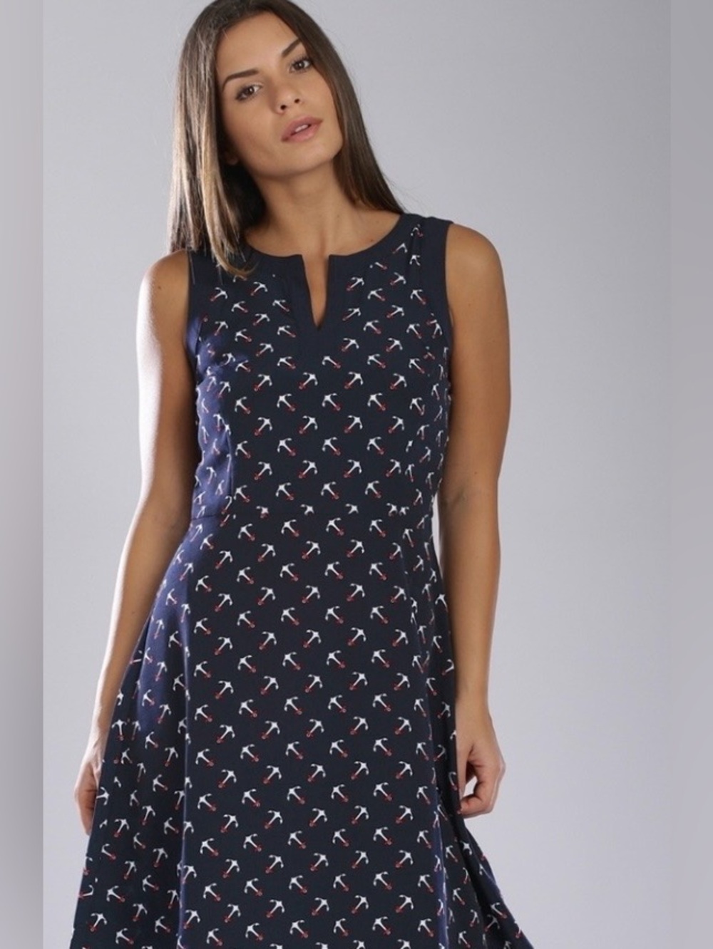 Tommy Hilfiger Navy Sleeveless Midi Dress with Anchor Print, size 12
